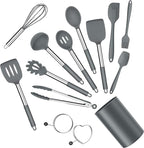 Silicone Cooking Utensils Set, E-far 14-Piece Gray Kitchen Utensils Set with Holder, Kitchen Tools Spatulas with Stainless Steel Handle for Non-stick Cookware, Heat Resistant & Dishwasher safe