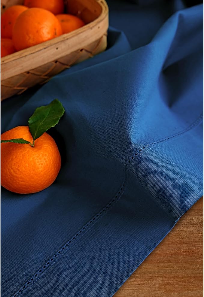 Solino Home Table Runner 120 Inches Long - Cotton Linen Hemstitch Lapis Blue Table Runner 14 x 120 Inch for Summer, Fall, Autumn