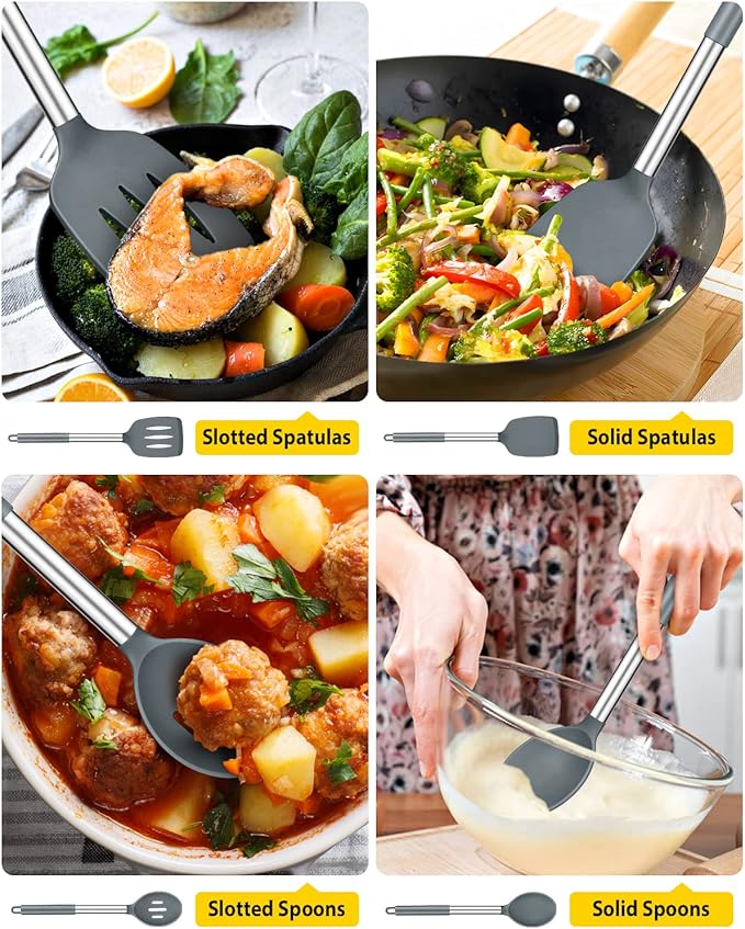 Pack of 4 Silicone Cooking Utensils Set, Non Stick Large Solid Spatulas, Heat Resistant Gray Slotted Spoons, Ideal BPA Free Kitchen Turners for Frying, Mixing,Serving,Draining,Turning,Stirring