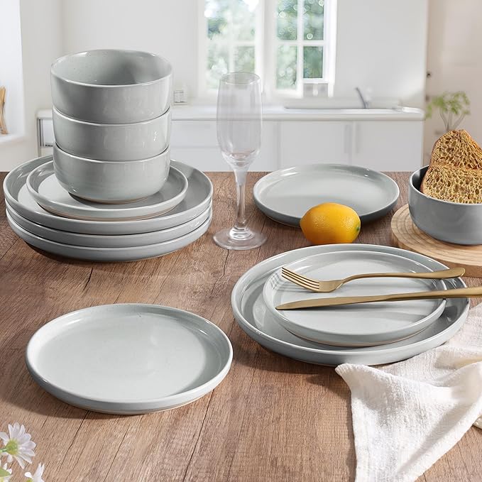 HaWare Stoneware Dinnerware Sets, 12-Piece Plates and Bowls Set for 4, Dishes Set for Home Restaurant, Speckled Misty Grey