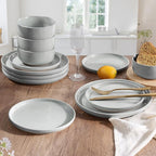 HaWare Stoneware Dinnerware Sets, 12-Piece Plates and Bowls Set for 4, Dishes Set for Home Restaurant, Speckled Misty Grey