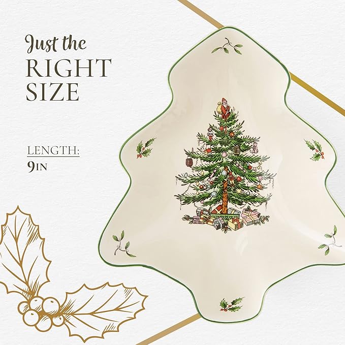 Spode Christmas Tree Serving Dish, 9-inch Tree-Shaped Bowl, Fine Earthenware, Dishwasher Safe, Decorative Christmas Serveware, Festive Tableware, Holiday Entertaining, Christmas Home Décor