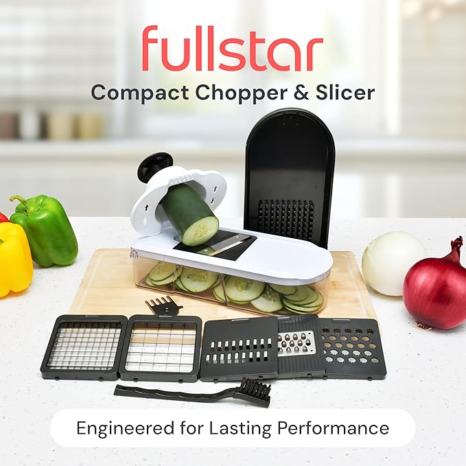 Fullstar Mandoline Slicer for Kitchen - Vegetable Chopper, Onion Potato Food Veggie Fruit Slicer and Cutter with Container, Kitchen Gadgets & Accessories, Home Essentials (6-in-1, White/Black)