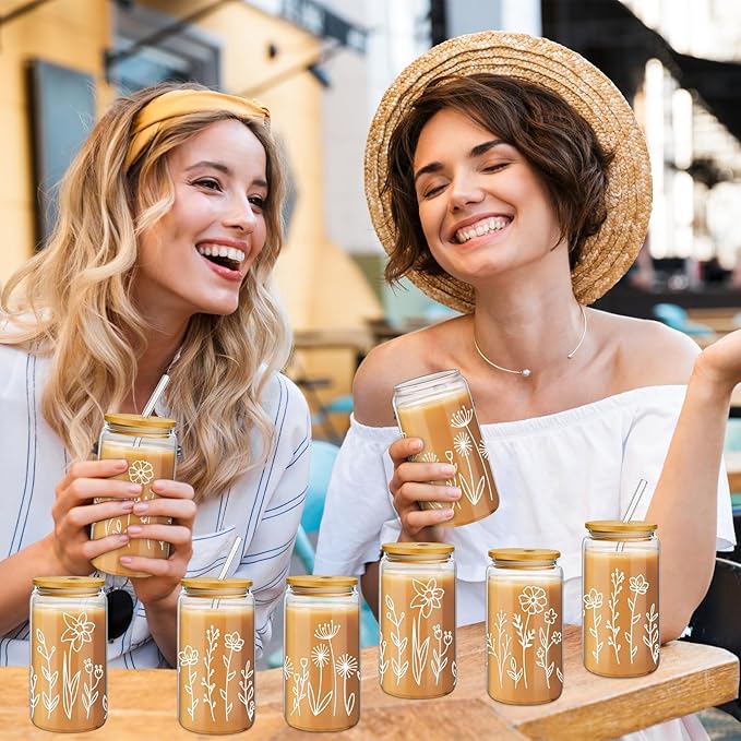 Mumufy 8 Pack Gift for Women Cute Glass Cup Tumbler Flower Iced Coffee Mugs 16 oz Glass with Bamboo Lid & Straw, Mothers Day Birthday Gift for Mom Sister Bridesmaid Baby Shower (Boho Floral)