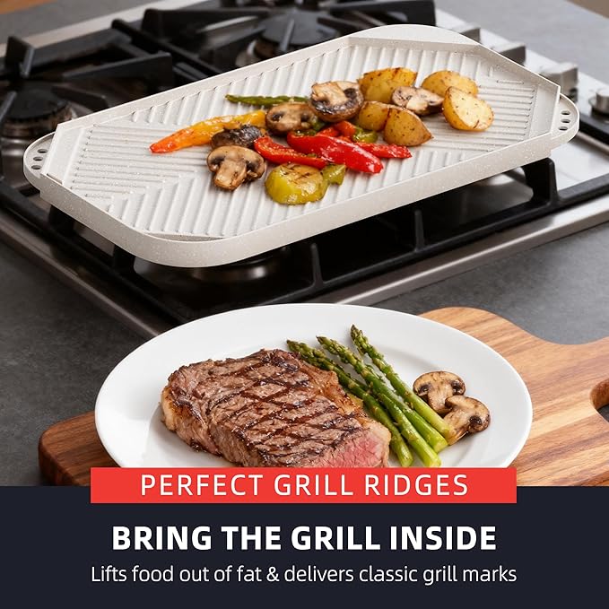 Nonstick Griddle Grill Pan - 19.5" x 11" Reversible Griddle Pan for Stove Top, Grill, or Campfire, Two Burner Cast Aluminum Grill, Rectangular Baking Flat and Ribbed Griddle Plate, Beige