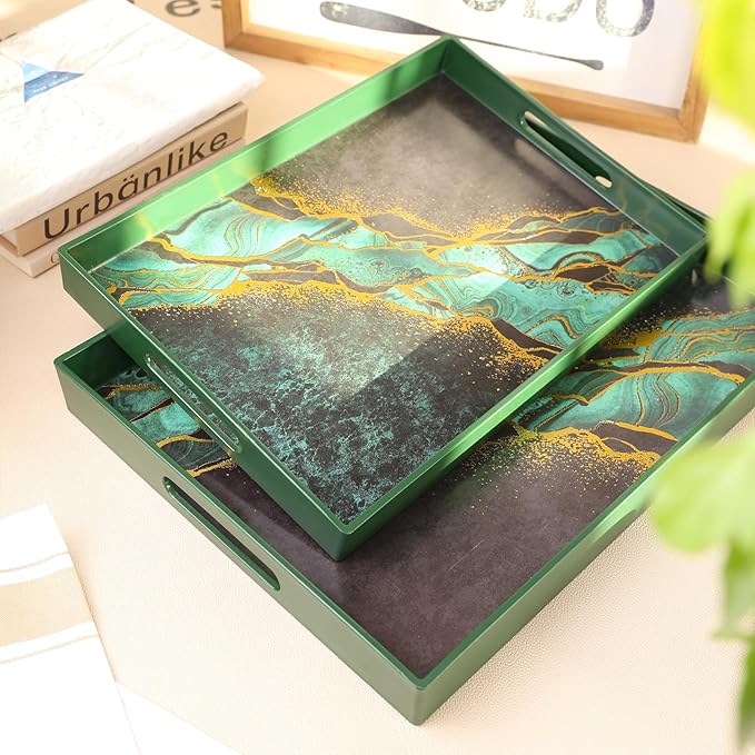 Set of 2 Green Marble Serving Trays with Handles, Plastic Nesting Trays for Coffee Table, Ottoman, Kitchen, Living Room, Outdoor, Patio, Large 15.7”*11.8”*1.6”, Small 13.7”*9.8”*1.4”