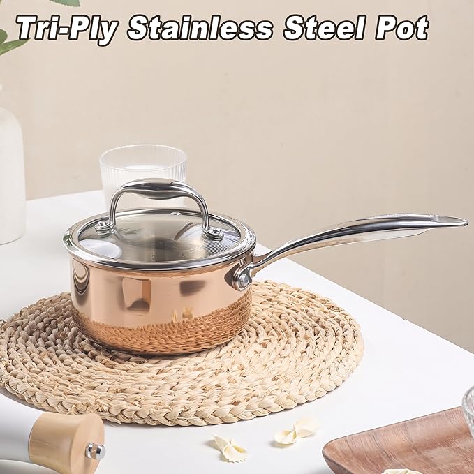 1-Quart Saucepan with Lid, Tri-Ply Stainless Steel Pot with Stay-Cool Handle & All Cooktop Compatibility (Gas, Ceramic, Electric) - Copper