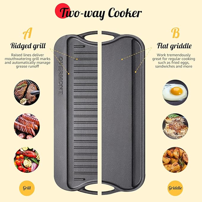 Overmont Pre-seasoned 17x9.8" Cast Iron Reversible Griddle Grill Pan with handles for Gas Stovetop Open Fire Oven, One tray, Scrapers Included