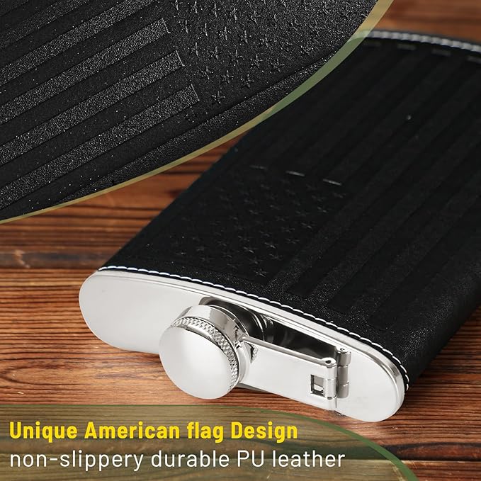 Flask For Men,350ml/12oz Hip Flask, 304 Food Grade Stainless Steel,2 Cups And Funnel Portable Gift Box For Whiskey Rum Groomsman Best Man Usher Wedding-Leather America Flag Black