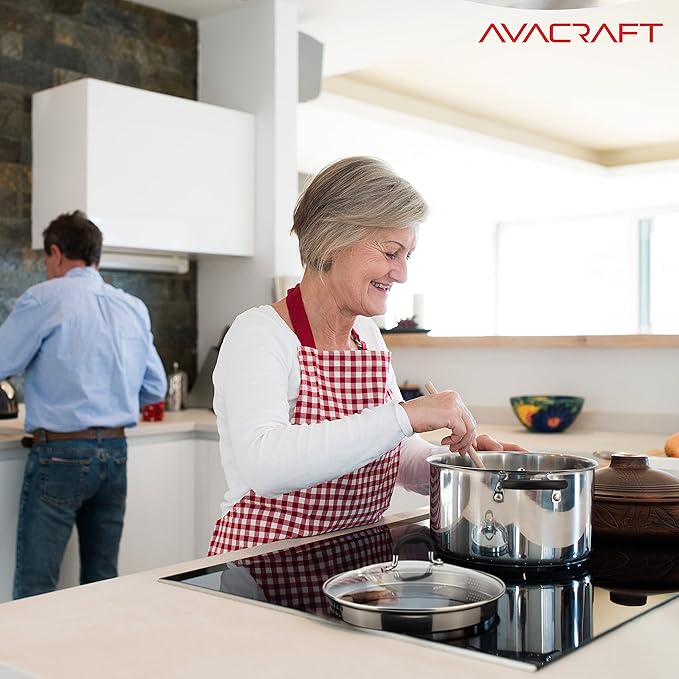 AVACRAFT Stainless Steel Stockpot with Glass Strainer Lid, 6 Quart Stock Pot, Saucepan cookware, Side Spouts, Multipurpose, Sauce, Soup, Induction Pan, (5-Ply Capsule Bottom, 6QT)