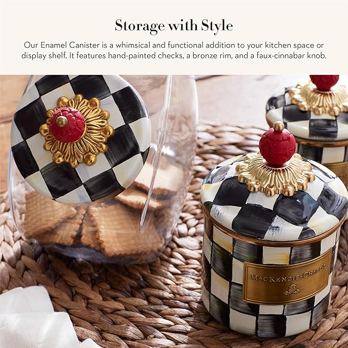 MACKENZIE-CHILDS Courtly Check Enamel Canister, Black-and-White Kitchen Storage Container with Lid, Mini