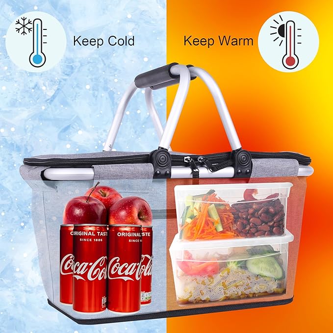Picnic Basket, SIYUAN Collapsible Shopping Basket Insulated with 2 Handles 27L Large Cooler with Lid Portable Folding Grocery Market Tote Bag, Grey