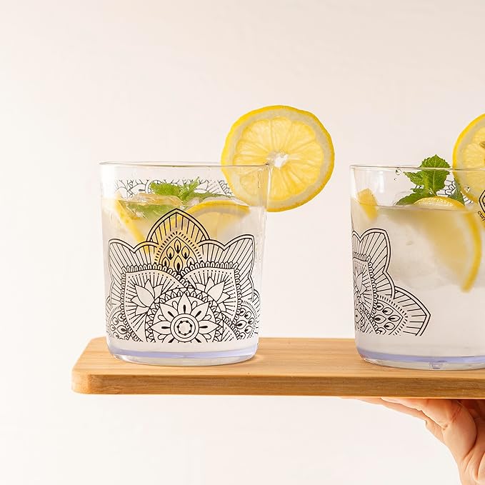 bzyoo BPA-Free Designed Dishwasher Safe 14 oz Plastic Tumbler Set which is Durable and Stackable Great For Parties, Anniversaries (6 PCS, Mandala Black)