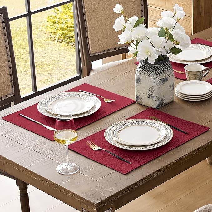Romanstile Cloth Placemats Set of 6-12 x 18 Inch, Heat Resistant Double Layered Thickened Burlap Christmas Place Mats, Washable Faux Linen Farmhouse Table Mats for Kitchen/Dining/Party/Outdoor, Red