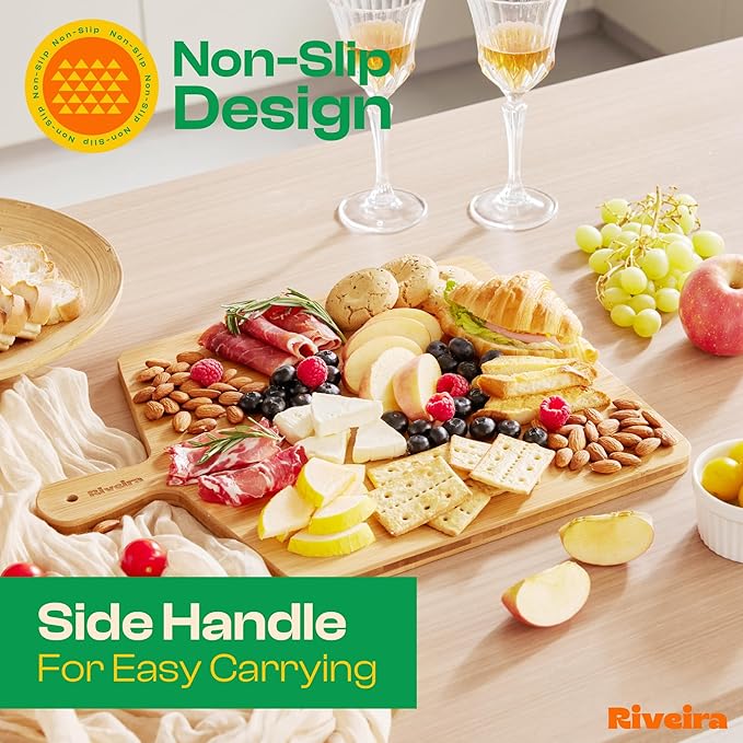 Riveira Brown Bamboo Wood Cutting Board – Gourmet Bamboo Grandeur: 17 x 13 Wooden Cutting Board – Wooden Cutting Boards For Kitchen Decorative – Innovative Juice Grooves Wooden Chopping Board