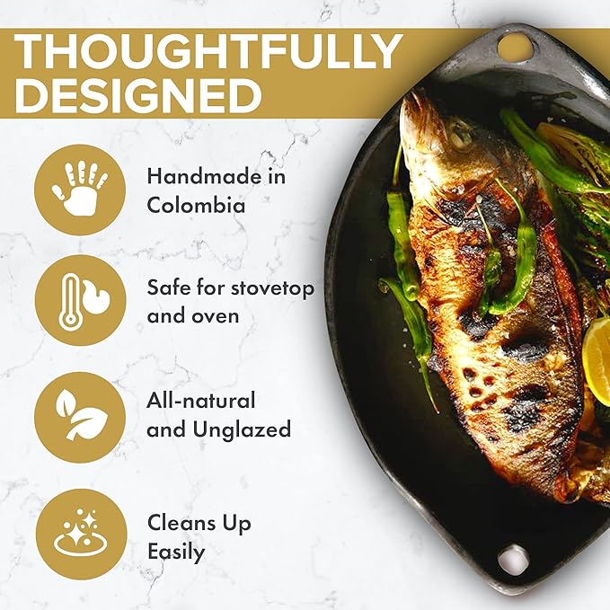 Authentic Chamba Oval Platter with Handles - Elegant, All-Natural Black Clay Roasting Pan for Baking, Roasting and Serving - Stovetop & Oven Safe – Handmade in Colombia – 10 Inches Long