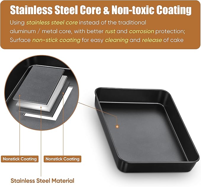 E-far Baking Pan with Lid, 10.5 x 8.3 x 2 Inch Nonstick Rectangle Stainless Steel Cake Pan Sheet for Toaster Oven, Black Bakeware for Cakes Brownies Casseroles, Non-toxic & Healthy, Set of 2