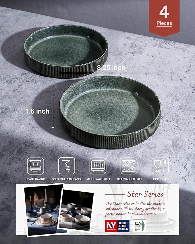 famiware Star 8.25" Pasta Bowls, Large Dinner Bowls Set of 4, Salad Bowl Plates, Shallow Bowls for Eating, Deep Forest