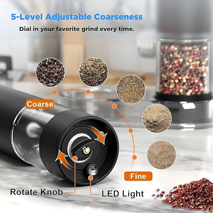 T&J's Upgraded Larger Capacity Electric Salt and Pepper Grinder Set Rechargeable (2 Pack) One Hand Operation with Storage Base, Five-Level Adjustable Coarseness and Warm LED Light, Black