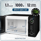 Nostalgia NRMO11BK6A 1000 Watt Power Retro Countertop Microwave Oven Easy to Clean with Removable Glass Turntable-Child Safety Lock-12 Programs-Digital Clock, 1.1 Cu. Ft, Black