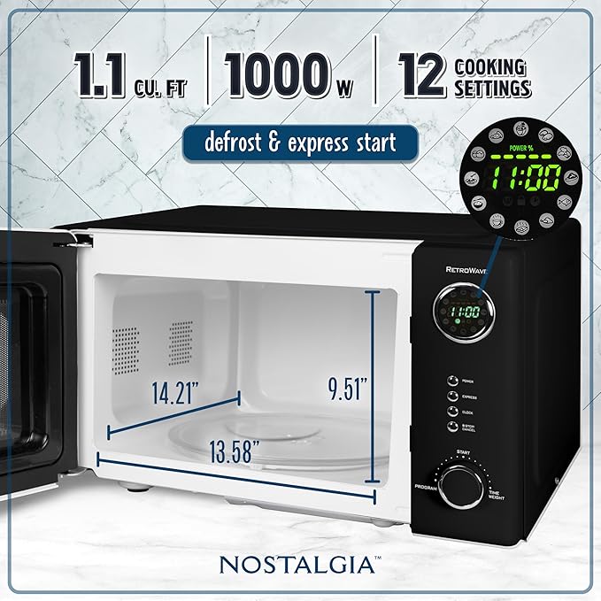 Nostalgia NRMO11BK6A 1000 Watt Power Retro Countertop Microwave Oven Easy to Clean with Removable Glass Turntable-Child Safety Lock-12 Programs-Digital Clock, 1.1 Cu. Ft, Black