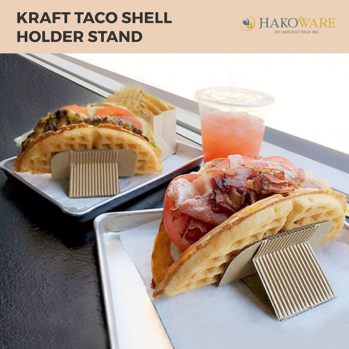 [200 COUNT]Harvest Pack Disposable Kraft Taco Holder Stand Tray, Taco Plates Serving Rack for Taco Shells Tortillas Hot Dogs Waffle Shawarmas Gyros Pita Bread Pocket Wraps, Taco Party Taco Tuesday