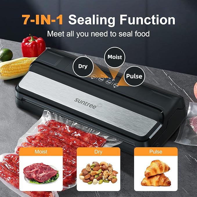 Vacuum Sealer for Food, 90Kpa 7-IN-1 Food Vacuum Sealer Machine Dry/Moist/Gentle Mode, Automatic Food Sealer with Build-in Cutter and Storage, 15pcs Pre-cut Bags, Bag Roll, Vaccum Hose