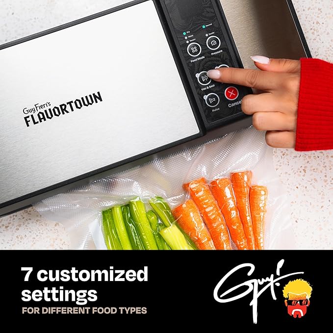 Guy Fieri's Flavortown Compact Vacuum Sealer with Built-In Roll Storage and Dry & Moist Modes - Includes Starter Kit (5) Quart Size Bags, 10ft Roll, and Accessory Hose for Containers and Bottles