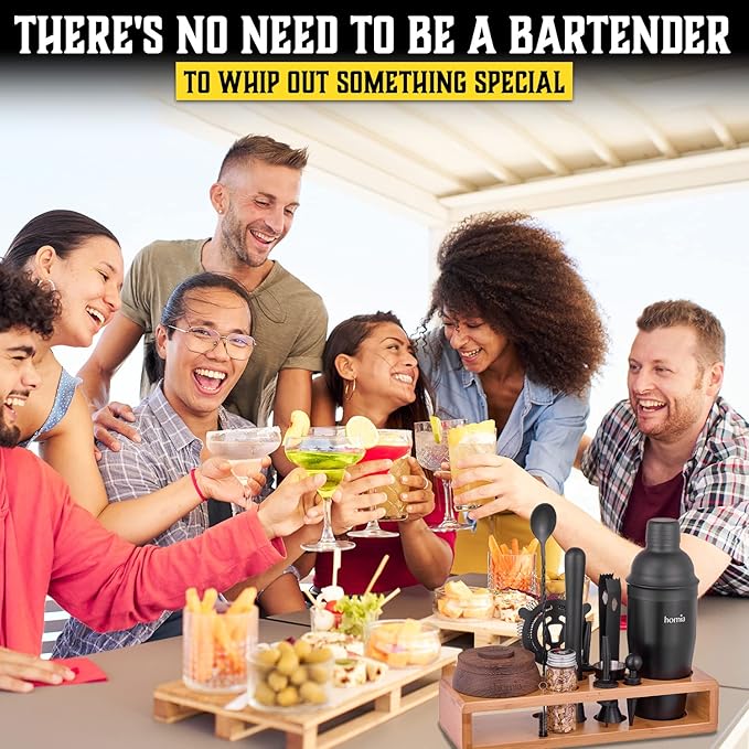 Bartender Kit with Whiskey Smoker - 13 pcs, Bamboo Stand - Bar Set with Cocktail Shaker, Bartending Kit with Essential Bar Accessory Tools, Wood Chips, Black Matte