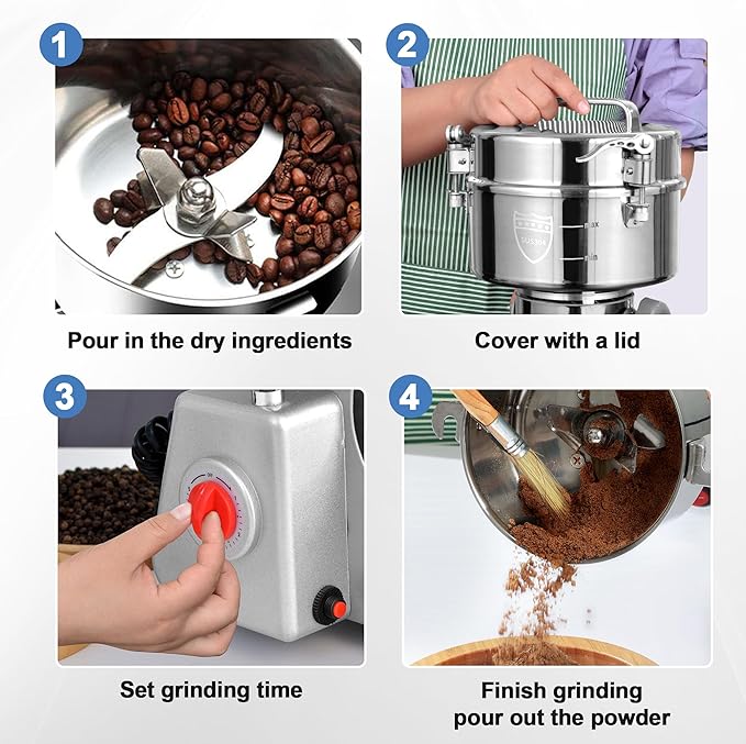 2000g Electric Grain Mill Grinder, 304 Stainless Steel Flour Mill, 3600W High Speed Spice Grinder, Electric Grain Mill for Dry Wheat, Oats, Corn, Pepper and Coffee Beans