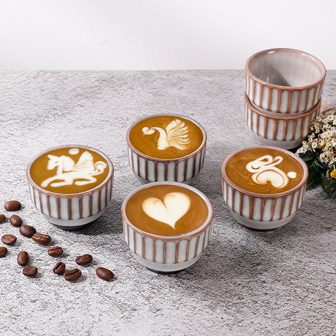 Ceramic Espresso Cup set of 6, One Shot Coffee Cups,Tiny Cofffee Mugs Demitasse for Espresso, Vertical Stripes Espresso Cup Set of 6 (Top Kiln-Gray & Bottom Dark Brown)