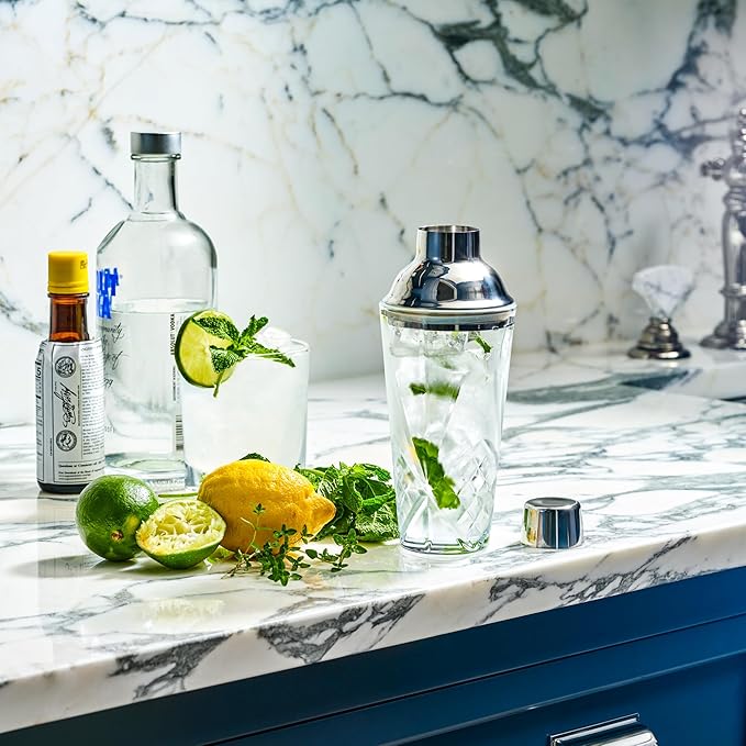 Glass Cocktail Shaker, Martini Shaker with Stainless Steel Lid & Strainer, Bartender Professional Bar Mixing Glass Pitcher Tool Set for Stirring Cocktails, Margarita, Whiskey, Alcohol Drinks, 16oz.