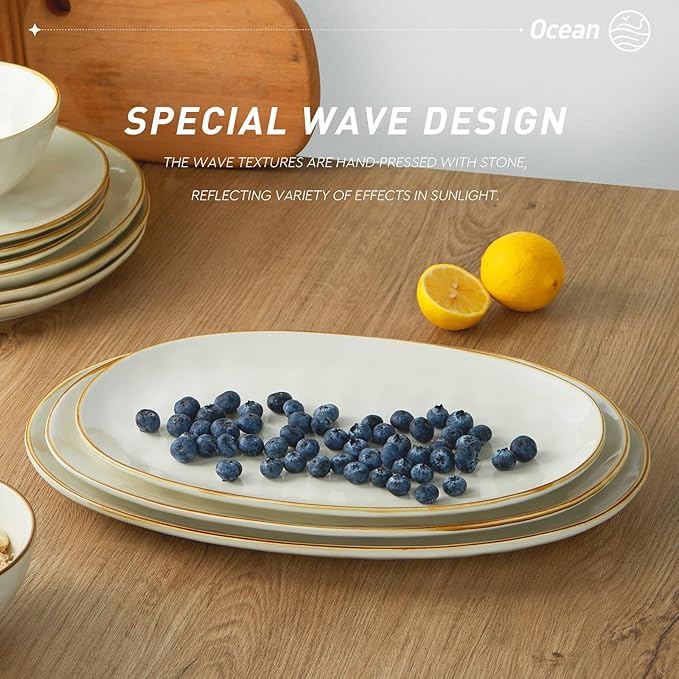 famiware Serving Platter, Oval 15.59/14.3/12.9inch Serving Dishes for Entertaining, Serving Bowls, Microwave Safe, Stoneware Serving Trays for Party, Food, Turkey, Cheese, Ocean Series, Vanilla White