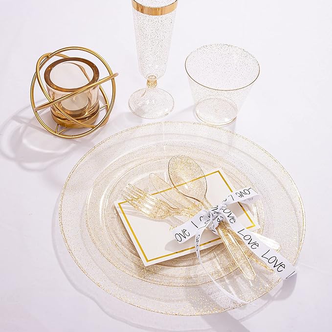 WDF 120PCS Gold Plastic Plates- Disposable Gold Glitter Plates, Premium Heavy Duty 60-10.25" Dinner Plate and 60-7.5" Salad Plate for Thanksgiving Parties &Wedding