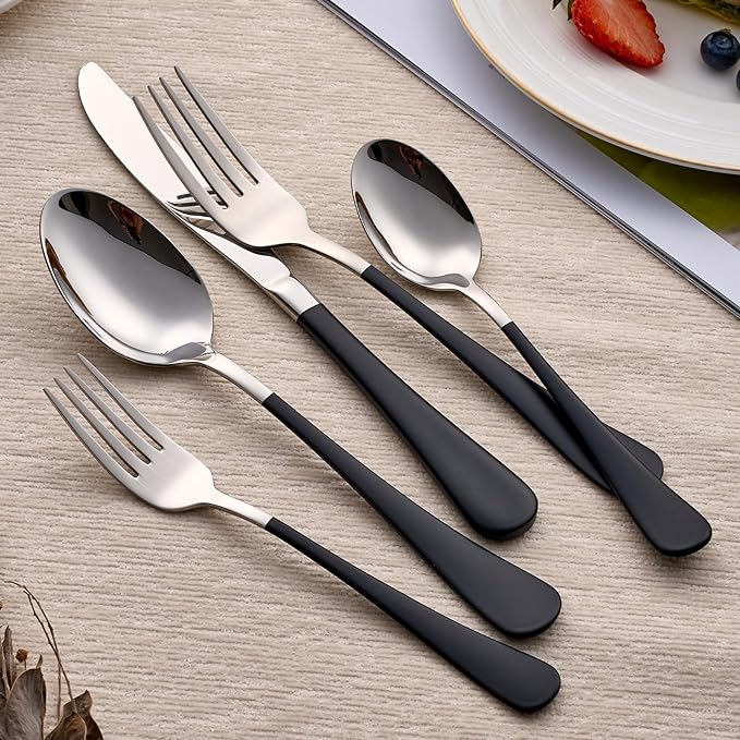 20-Piece Black Silverware Set 18/0 Stainless Steel Silverware Set Black Handle Cutlery Set Service for 4 Dinner Knives Forks Spoons Set Flatware Set Finish Dishwasher Safe