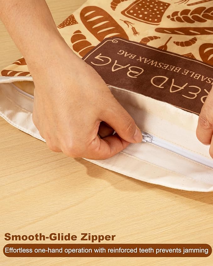 2-Pack Beeswax Bread Bags with Zipper & Buckle - Reusable Cotton Storage for Sourdough & Homemade Bread, Freezer Safe