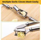 Garlic Press Mincer, 304 Stainless Steel Garlic Press with Garlic Peeler Tube, Heavy Duty Metal Ginger Press, Silver
