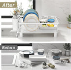 Dish Drying Rack - Small Dish Rack for Kitchen Counter, Stainless Steel Dish Drainer with Utensil Holder and Drainboard (White)