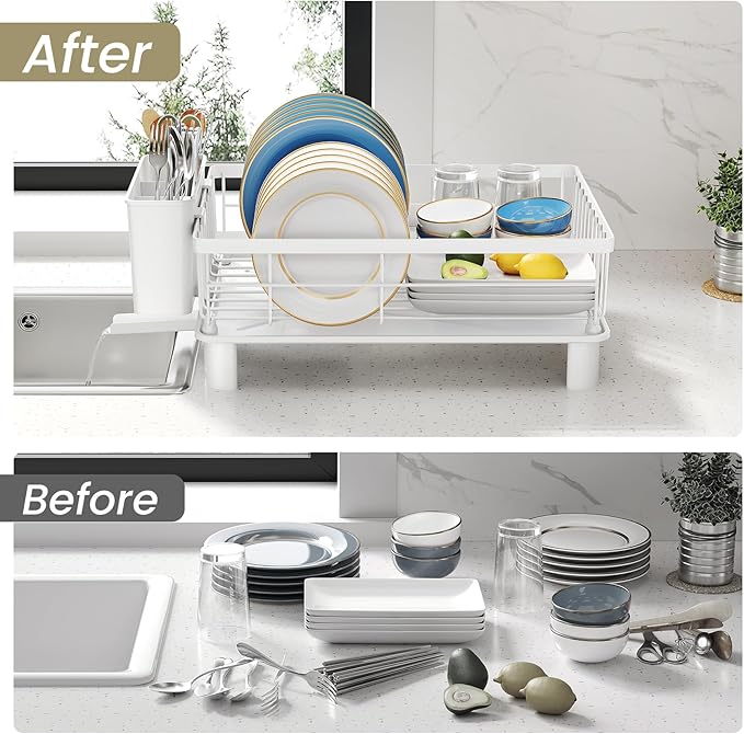 Dish Drying Rack - Small Dish Rack for Kitchen Counter, Stainless Steel Dish Drainer with Utensil Holder and Drainboard (White)