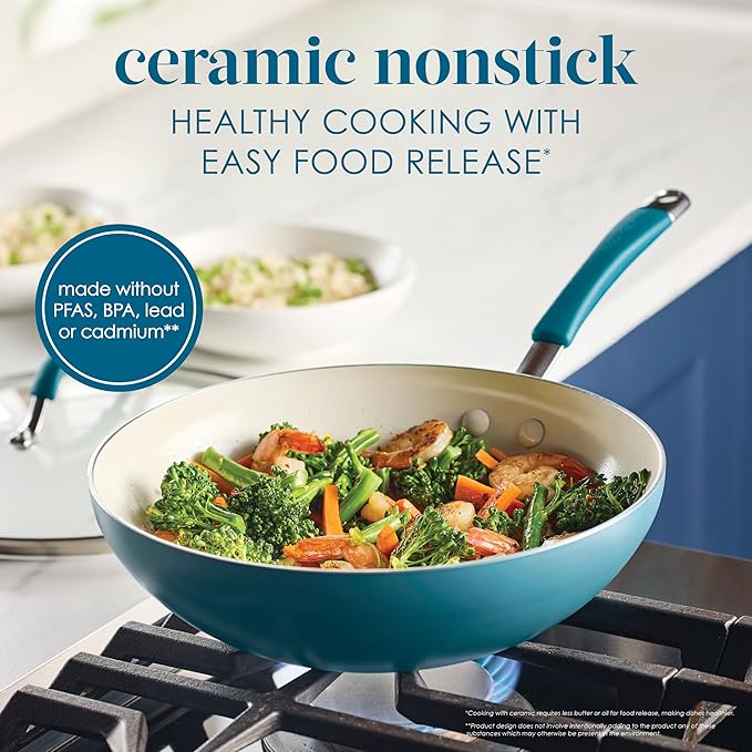 Rachael Ray Cucina Ceramic Nonstick Stir Fry Pan and Lid, 11 Inch Non Stick Wok Pan, Dishwasher Safe - Marine Blue