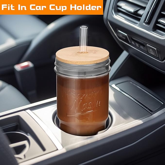 ANOTION Glass Cups with Lids and Straws 4 Packs, 24oz Travel Coffee Mug Bamboo Mason Jar Valentines Party Drinking Jars Glasses Cute Clear Glass Tumbler for Iced Coffee, Smoothie, Tea, Water