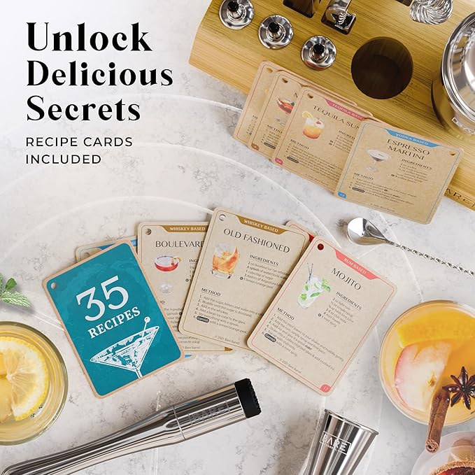 BARE BARREL® Mixology Bartender Kit Bar Set | 14-Piece Cocktail Shaker Set | Martini Barware Mixing Tools for Home Bartending | Incl. 35 Recipe Cards | Gift Set (24oz Cobbler Shaker, Silver/Natural)