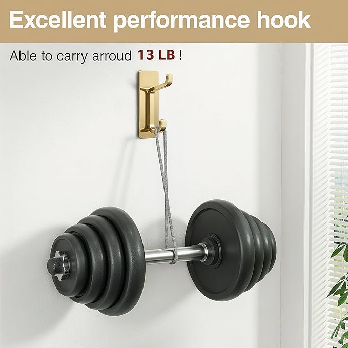 Self Adhesive Wall Hooks for Hanging: Extra Strong 13 LB, Hook for Coat, Towel in Bathrooms, Shower, Kitchen, Wall, Door Hook, Brushed Gold 4 Pack