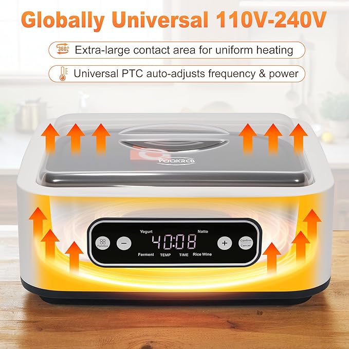 1.7-Quart Yogurt Maker with Adjust Temp(21°C-48°C/70°F-118°F) & Time(1-99h),110V-240V Auto-adaptive,Steel Inner Pot,BPA-free,Celsius Increment,Real-Time Countdown LED Display (Additional 9 jars)