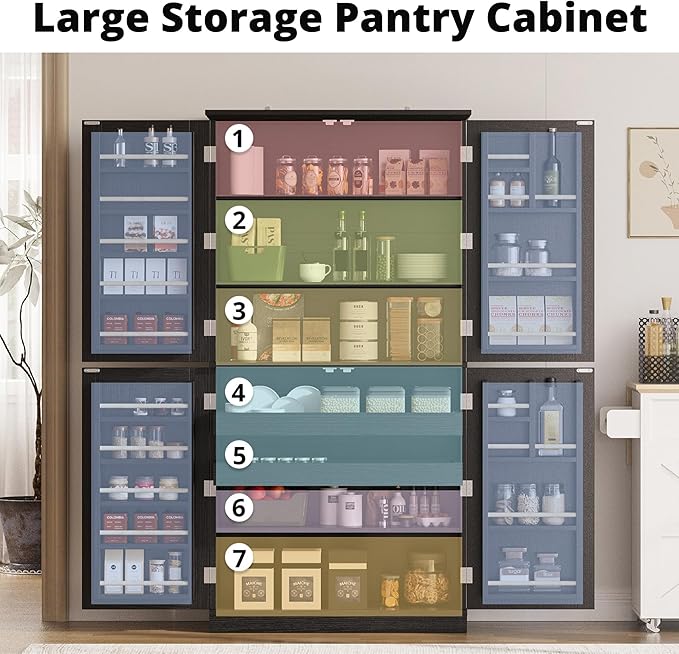 IRONCK Kitchen Pantry Storage Cabinet 72.8" H, 4 Barn Doors with Storage Rack, 4 Adjustable Shelves, Freestanding Cupboard for Dining Room Living Room, Laundry, Black