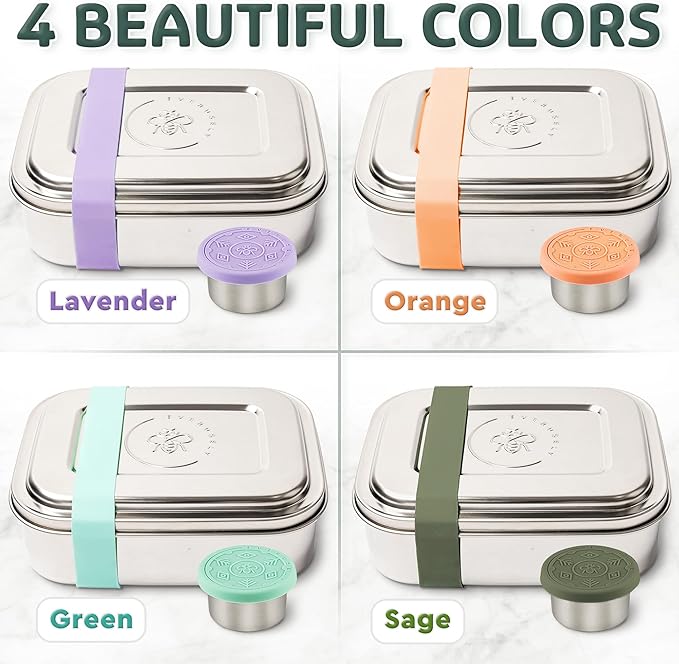 Everusely - Bento Box - Sage, 47oz / 1.4 L - Stainless Steel Lunch Box with Leakproof Condiment Container - 3 Compartment Snack Organizer for On the Go Meals - Freezer & Dishwasher Safe
