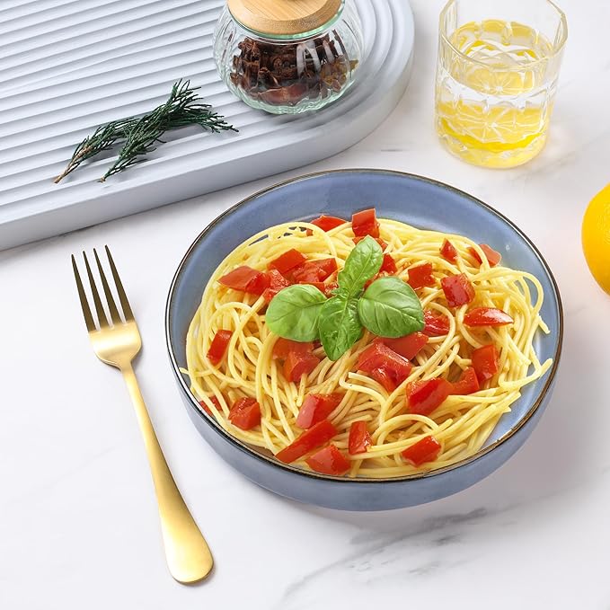 E-far Pasta Bowls Set of 4, 30oz Shallow Salad Bowls for Dinner Serving, 8.25" Stoneware Ceramic Bowl Plates for Noodle Soup, Microwave & Dishwasher Safe, Reactive Glaze, Blue