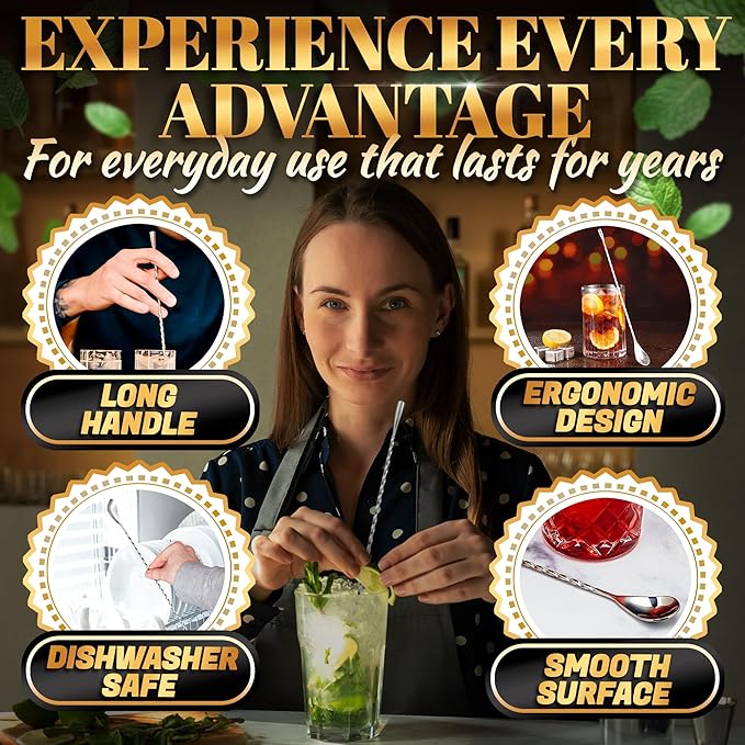 8 Pcs Bar Spoon Cocktail Mixing Spoon – 12'' Stainless Steel Cocktail Stirrers for Drinks, Polished Surface, Easy to Clean – Useful Bar Spoons for Professional and Home Use