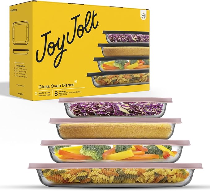 JoyJolt 8-Piece Borosilicate Glass Oven Dishes with Blushy Pink Lids, Rectangle Deep Glass Baking Dish Set, Baking Pans for Lasagna Casserole Cake, Bakeware Set, Freezer to Oven Tray to Dishwasher