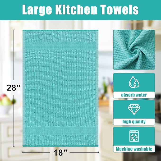 Homaxy Premium Kitchen Towels(18”x 28”, 8 Pack), Large Cotton Kitchen Hand Towels, Flat and Terry Dish Towels, 380 GSM Highly Absorbent Tea Towel Set with Hanging Loop, Teal